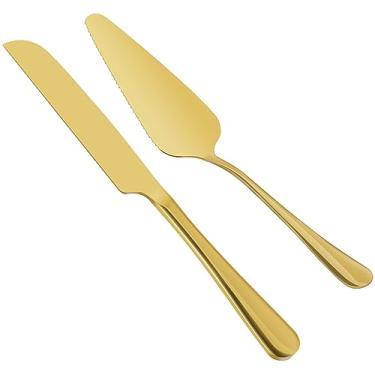 Imagem de Conjunto de cortador e servidor de bolo de casamento de aço inoxidável, conjunto de corte de bolo dourado elegante, utensílios de corte de bolo de casamento reutilizáveis, cortador de torta e espátula