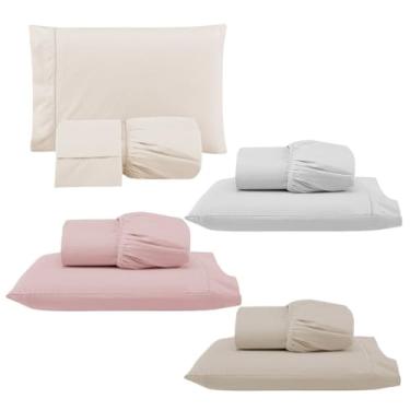 Imagem de Kit 4 Jogos de Lençol com Elástico e Fronhas Bordadas em Ponto Palito, 1 Casal King 203x193x40cm e 3 Solteiros 188x88x30cm (4 Jogos Versat (King:Palha e Solteiros:Rosê/Branco/Cáqui))