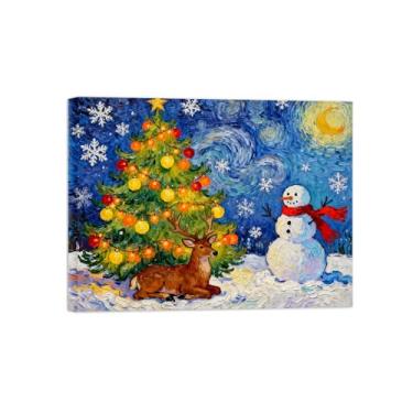 Imagem de Arte de parede paisagem imagem em tela - árvore noturna estrelada boneco de neve - impressão de pintura de decoração moderna para sala de estar pronta para pendurar tela embrulhada 60x80cm24x31in