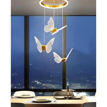 Imagem de Lustre LED em formato de borboleta, luminária pendente decorativa para escada, altura ajustável, para uso interno em residências, com luz dourada, dimerizável, ideal para sala de estar, rest