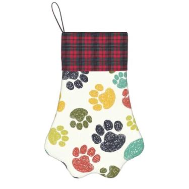 Imagem de SKKNT Linda estampa de pata de cachorro colorido meias de Natal animais de estimação decoração de natal cães gatos árvore decoração doce presente conveniente