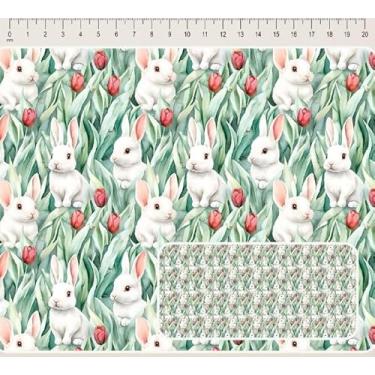 Imagem de Tecido Tricoline Digital Coleção Páscoa Florida coelhos com tulipas fundo folhas 50 x 150 cm