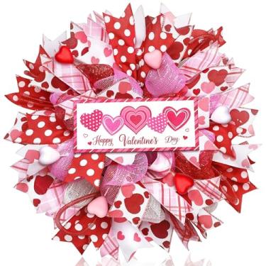 Imagem de Aneco Guirlanda de malha de dia dos namorados de 61 cm com letreiro de madeira de amor, grinalda de arrastão, guirlanda de dia dos namorados com bagas de fita para aniversário de casamento, decoração