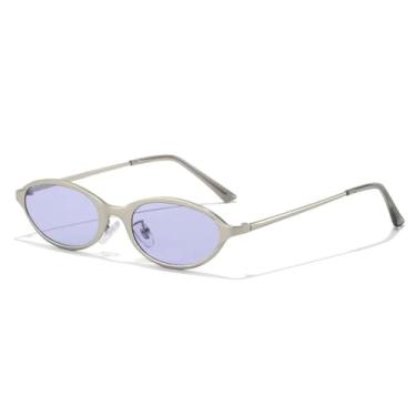 Imagem de Óculos de Sol Retrô Pequenos Ovais Femininos com Lentes Degradê e Proteção UV400, Estilo Punk, Armação Metálica Fosca (Prateado e Roxo Fosco)