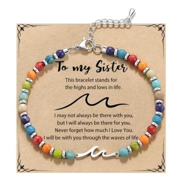 Imagem de QILMILY Pulseira de onda/laço/cruz para mulheres, pulseiras coloridas com contas de pedra natural, presente de amizade exclusivo para melhor amiga, irmã e mãe, presentes de aniversário para mulheres