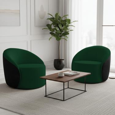 Imagem de Poltrona Sala Orgânica Kit 2 Lua Fixa Sintético PU Preto/Bouclê Verde D03 - D'Rossi