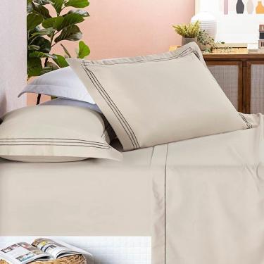 Imagem de Jogo De Lençol Adeli Casal 4 Peças Micropercal 400 Fios Detalhe Bordado - Cáqui - 100% Poliéster