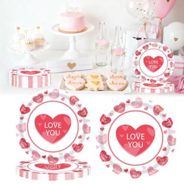 Imagem de Ncozwo 20 peças de pratos de papel descartáveis para o dia dos namorados, 18 cm, redondo, coração, sobremesa, para aniversário, festa de casamento (coração rosa te amo)