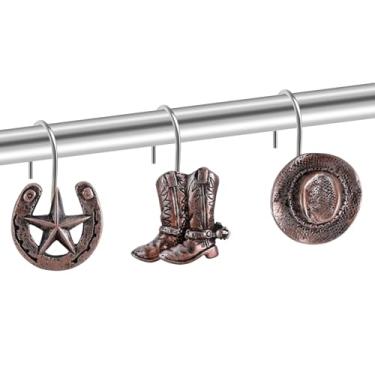 Imagem de Ganchos de cortina de chuveiro ocidental, decoração de banheiro ocidental, caubói, casa de fazenda, anéis de cortina de chuveiro, cabide para bronze vintage, 12 peças