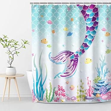 Imagem de RosieLily Cortina de chuveiro de sereia, conjunto de cortina de chuveiro infantil, cauda de sereia, cortinas de chuveiro para meninas, peixes e oceano, para banheiro, decoração de banheiro sereia roxa