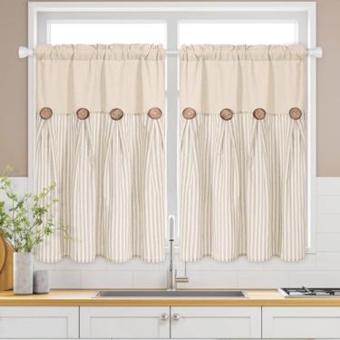 Imagem de ASPMIZ Boho Cortinas de cozinha de linho 91 cm de comprimento, cortina de janela de cozinha de fazenda sobre a pia, cortinas curtas listradas cáqui para janelas pequenas, banheiro, bolso para varão