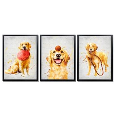 Imagem de Derkymo Arte de parede Golden Retriever, conjunto de impressão em tela com 3 painéis, moldura preta, 30,5 x 40,6 cm, estilo art déco à prova d'água, decoração temática animal para sala de estar
