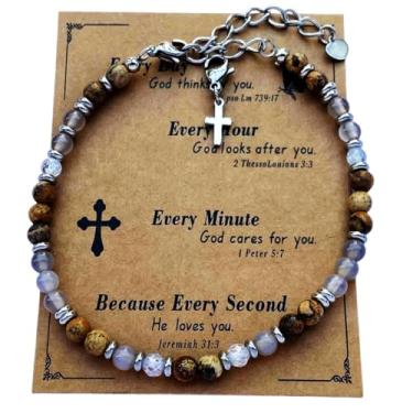 Imagem de DOLON Pulseira minimalista cristã com pingente de cruz com contas boêmia de pedra natural de 4 mm para mulheres, homens, confirmação, batismo, Páscoa, aniversário, presentes religiosos de Natal