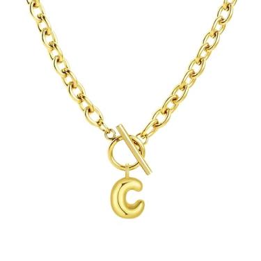 Imagem de Fiiuos Colar com inicial para mulheres, banhado a ouro 18 K, delicada, com pingente de letra bolha personalizada, corrente de elos grossos de clipe de papel com fecho de botão minimalista, joias de