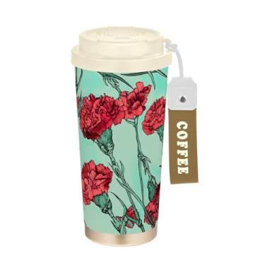 Imagem de TSENQUE Copo de café de viagem 473 ml com tampa de canudo e filp, copos de parede dupla isolados a vácuo com revestimento cerâmico, crânio floral de cravos vermelhos