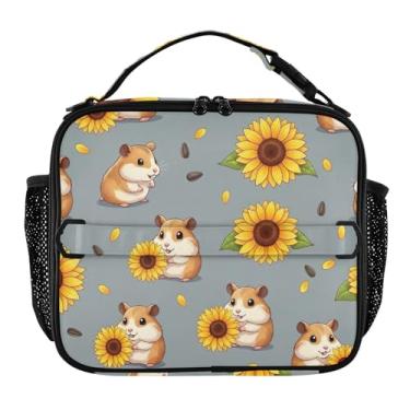 Imagem de Joisal Lancheira fofa com estampa de hamsters girassóis cinza para mulheres, meninas, lancheira masculina e infantil, lancheira para trabalho, bolsa térmica para adultos