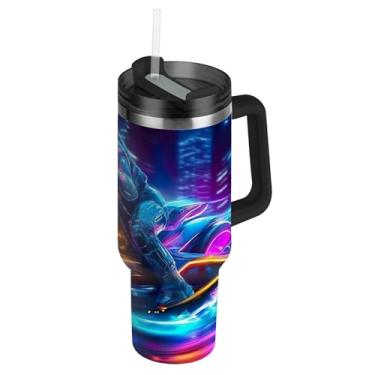 Imagem de Joisal Copos com tampas e canudos Cool Neon Motorcycle Rider Tumbler com alça 1,134 g garrafa de água rosa isolada de aço inoxidável garrafa de água cabe no copo do carro