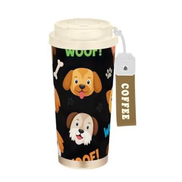 Imagem de TSENQUE Caneca de café de viagem de 473 ml com tampa de canudo e filp, copo de parede dupla isolado a vácuo com revestimento cerâmico, desenho animado fofo cachorro marrom preto