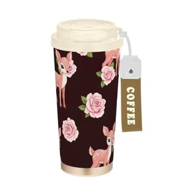 Imagem de TSENQUE Caneca de café de viagem 40 ml com canudo e tampa, revestimento cerâmico isolado a vácuo copo de café de aço inoxidável à prova de vazamento, cervos rosa fofos rosas florais