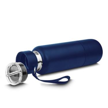 Imagem de Garrafa Térmica de Aço Inox, 500ml, Azul Marinho, Parede Dupla Isolada a Vácuo, com Copo Rosqueável e Compartimento Superior, 26cm x 7cm