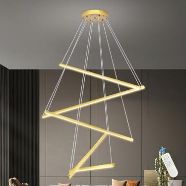 Imagem de Mccokaige Lustre de LED moderno de 5 luzes dourado de 81 cm para sala de estar, lustre linear de LED regulável, quarto, lustres grandes para sala de jantar, luz pendente moderna para teto alto, sala