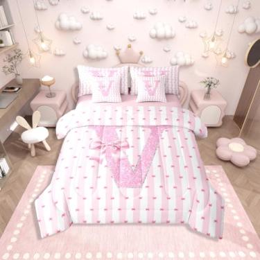 Imagem de Erosebridal Conjunto de edredom com letra D e laço rosa, 7 peças, tamanho solteiro, para meninas, adolescentes, princesas sonhadoras, conjunto de cama com desenho kawaii