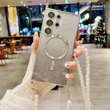 Imagem de Capa para Samsung Galaxy S24 FE S25 S23 Ultra S21 S20 S22 Plus com cordão magnético de pérola e alça transversal com glitter, prateada, para S25 Plus