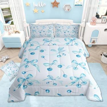 Imagem de jejeloiu Jogo de cama kawaii oriental cerejeira, solteiro, princesa, para decoração de quarto de meninos, meninas, adolescentes, conjunto de edredom com laço de aquarela, fruta, respirável, macio