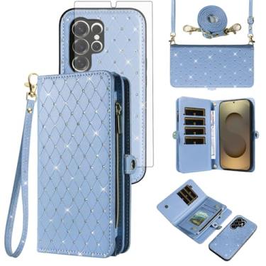Imagem de Capa de telefone para Samsung Galaxy S25 Ultra 5G Carteira com zíper destacável protetor de tela protetor de tela transversal alça alça flip glitter suporte para cartão S25Ultra 25S S 25 25Ultra 6.9