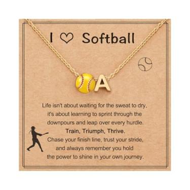 Imagem de Colar de softbol com inicial A-Z para meninas adolescentes, colar com pingente de softbol personalizado para amantes de times e filhas jogadoras, Latão, Sem Pedra Preciosa