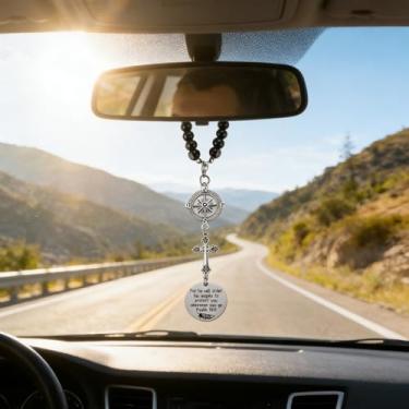 Imagem de Pingente de carro cruzado, para ele vai pedir seus anjos para protegê-lo onde quer que você vá, pingente de carro com espelho retrovisor, Salmo 91:11, versículo bíblico, presentes religiosos para
