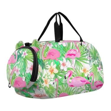 Imagem de Bolsa esportiva para meninos de fim de semana para noite com caras fofas de coala, amarelo claro, bolsas de viagem para meninas, compartimento para sapatos, Flamingos rosa tropical, folhas verdes