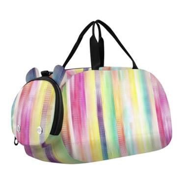 Imagem de Bolsa esportiva de Natal para meninas Highland Cow, bolsa de viagem para fim de semana, compartimento para sapatos noturnos, bolsa esportiva para meninos, Listras verticais pastel coloridas, Clássico