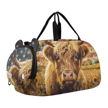 Imagem de Lindas bolsas de viagem Boston Terrier para meninas, bolsas noturnas, bolsa esportiva para meninos, Bandeira retrô Highland Cow dos EUA, Clássico