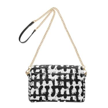 Imagem de Joitme Bolsa tiracolo abstrata preta e branca com design quadriculado bolsa feminina bolsa de celular bolsa de ombro de couro PU com alça de corrente
