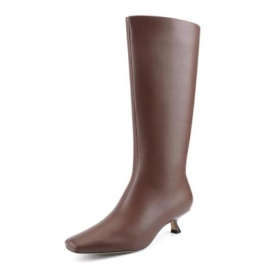 Imagem de VOZTOLLS Botas de cano alto femininas bico quadrado gatinho salto baixo botas altas femininas de couro com zíper lateral moda outono bota longa, Marrom, 37