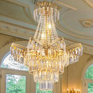 Imagem de TOCHIC Lustre de cristal do Império Francês, 11 lustres de foyer de luzes para tetos altos, lustres vintage grandes para sala de jantar, entrada, dourado, 71 cm L x 86 cm A