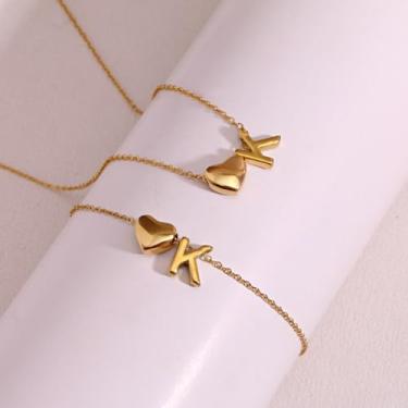 Imagem de Colar feminino com pingente de coração e inicial, delicado de camada dupla com pingente de letra personalizada, Onesize, Metal, Sem Pedra Preciosa