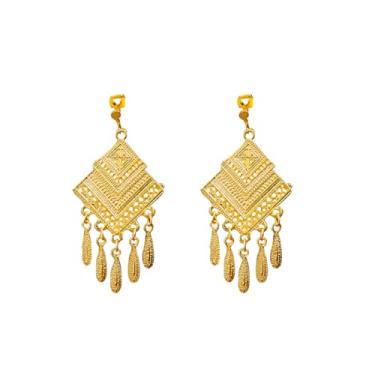 Imagem de Brinco indiano geométrico cigano com clipe indiano boho étnico para mulheres Bollywood tradicional boêmia banhado a ouro borla longa pingente gota festival festa feriado orelhas não perfuradas joias