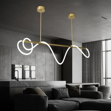 Imagem de SITAFU Lustre linear moderno, lustre dourado moderno, 39,4 polegadas, lâmpada pendente de LED para ilha de cozinha, iluminação para sala de jantar, minimalista ajustável em altura