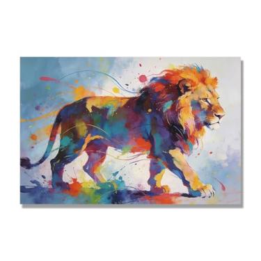 Imagem de NHLDZYH Pintura de leão colorida, impressão de arte abstrata vibrante, decoração de parede de animais selvagens e enérgicos, tela contemporânea moderna para quarto, academia, quarto de crianças. A75