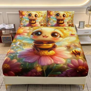 Imagem de AILONEN Jogo de lençol infantil solteiro com estampa de abelha kawaii, tamanho GG, 3 peças com estampa de abelhas amarelas fofas + 2 fronhas