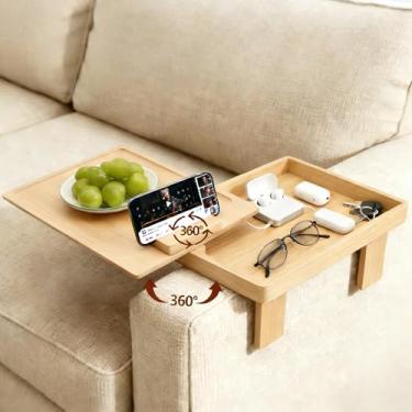 Imagem de Bandeja de apoio de braço de sofá com bambu – 14 cm – 24,9 cm mesa de braço de sofá ajustável com suporte de telefone giratório de 360° e compartimento de armazenamento oculto para lanches, bebidas