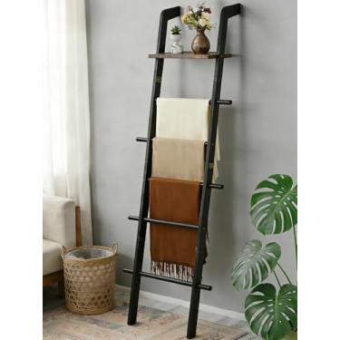 Imagem de Taozun Escada de cobertor preto com prateleira para sala de estar, toalhas de fazenda de madeira de 167 cm e decoração de colcha, suporte de parede inclinado para cobertores e mantas