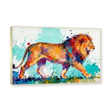 Imagem de NHLDZYH Moldura dourada. Pintura salpicada de leão em tela Arte abstrata de animais Mural vívido Chamador de olhos para sala de estar Decoração moderna para casa. A28. 70 x 105 cm.