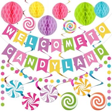 Imagem de Pasimy Welcome to Candy Land Banner com bolas coloridas de colmeia doces decorações de festa guirlanda redemoinhos pendurados conjunto de decoração de pirulito doces recortes de papel ponto para doces