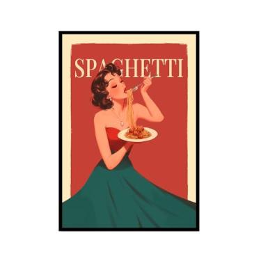 Imagem de Pôster Vintage Italian Foods Mulher Comendo Espaguete Pôsteres Ilustração Arte Pintura em Tela Impressão Massa Comida Cozinha Decoração de Parede (SKU3,20.3x30.5 cm = (20x30cm), Moldura para Foto