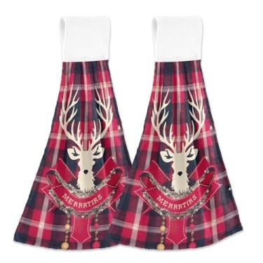 Imagem de Blueangle 2 peças de toalhas de gravata penduradas de veado Feliz Natal toalha de mão toalha de mão absorvente macio coral veludo pano para cozinha banheiro (348)