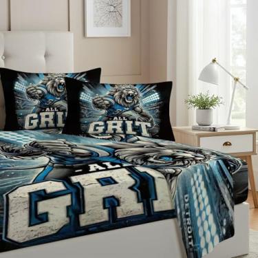 Imagem de Allenjoy Jogo de lençol casal com luzes de estádio de futebol jogador de leão feroz, bolsos profundos até 40,6 cm, decoração de quarto com 2 fronhas SC00544-009