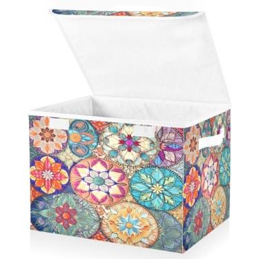 Imagem de Blueangle Caixas de armazenamento de azulejos têxteis orientais coloridos com tampas, 42 x 32 x 30 cm, grande cesta organizadora dobrável para decoração de escritório e armário (546)